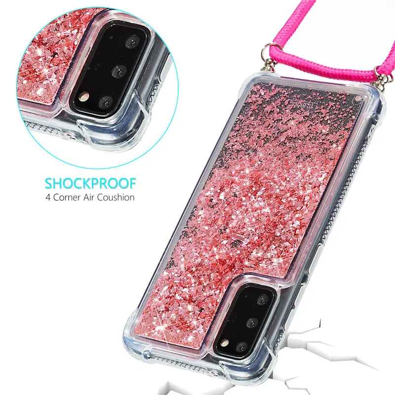 
Quicksand Air Cushion Shockproof Anti-Fingerprint Soft TPU with Lanyard and Card Slot Back Cover Case for Samsung Galaxy S20 