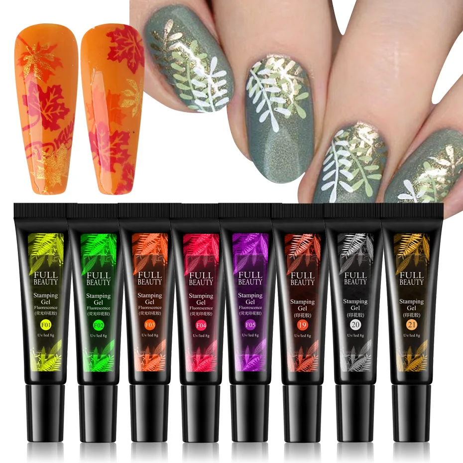 

8ml Nail Stamping Gel Nail Polish Black White Gold Print Manicure Decor Soak Off Varnish for Nail Stamp Template, 5 fluorescent colors, 18 pure colors