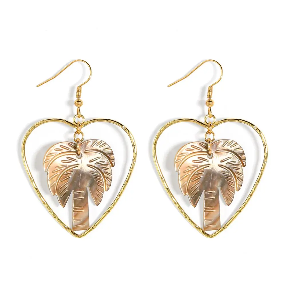 

Hawaiian tribal vintage 18k gold plating heart design Palm trees shell earrings hypoallergenic jewellery women