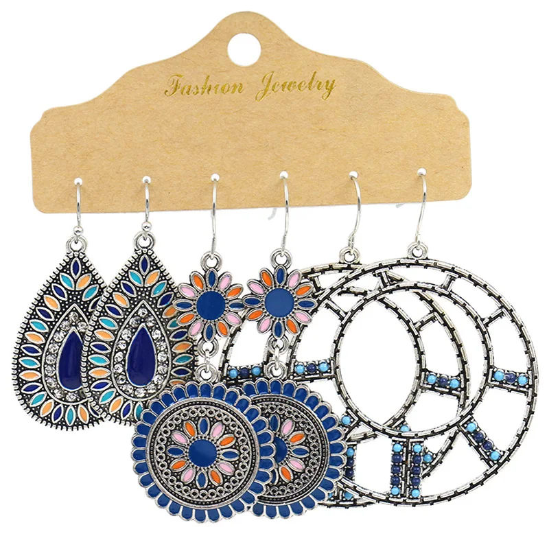 

Fashionable TOP Selling Boho Jewelry 3 Pairs Per Set Vintage Rhinestones Earrings For Lady Wholesale Metal Diamond Earrings
