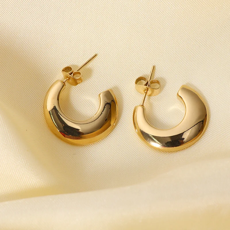 

New Fashion 14k Gold Plated Stainless Steel Moon Stud Earrings High Polished Stainless Steel C Shape Hoop Earrings