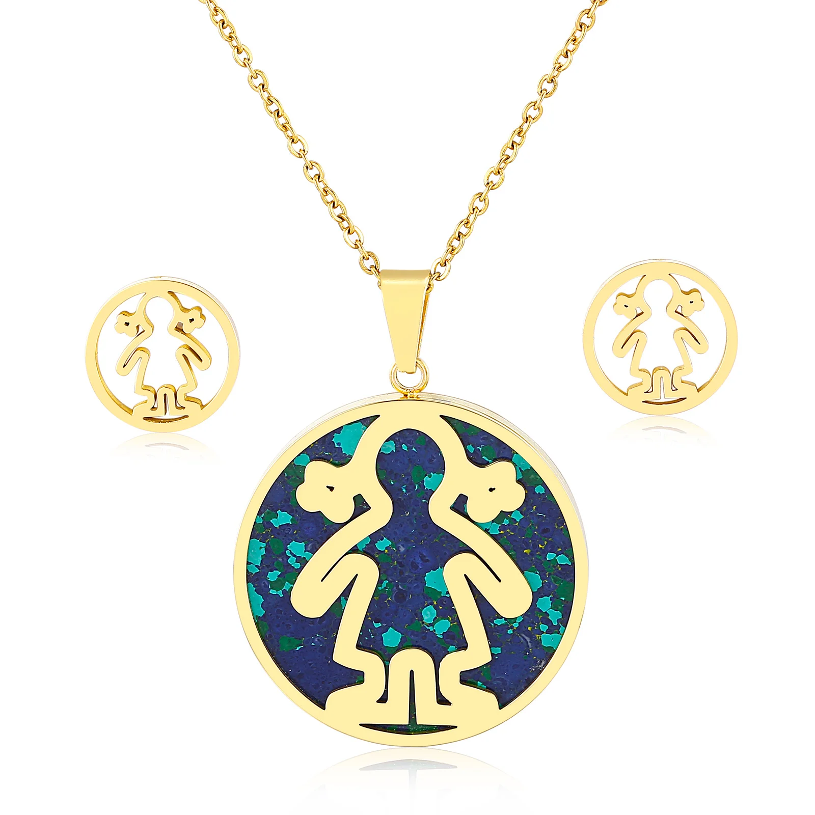 

Fashion Turquoise Background Women Stainless Steel Girl Jewelry Necklace and Earrings Set, Steel/gold