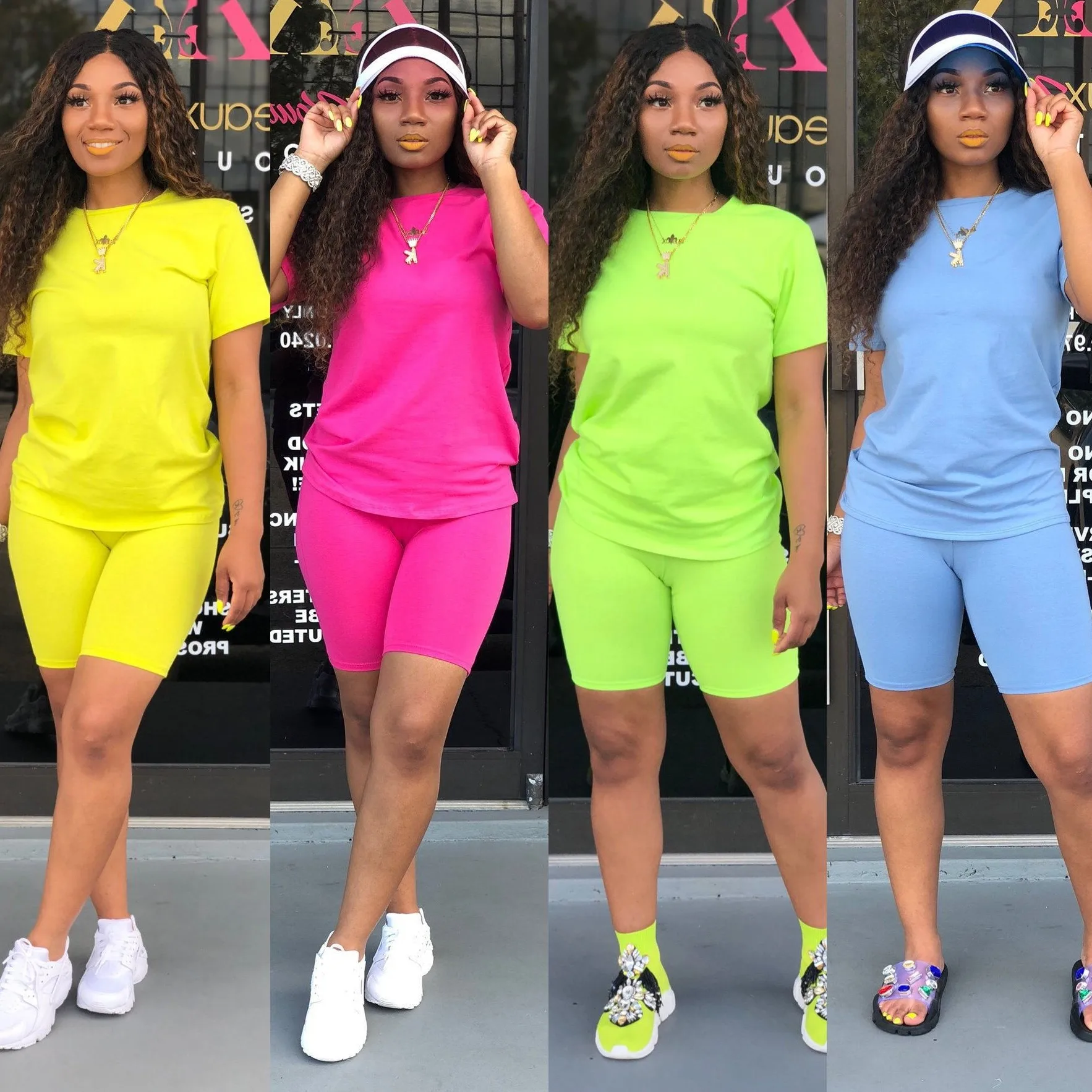 

Summer Set 2021 Loose Solid Color Thin Plus Size Two Piece Short Set Casual Outfits For Women, Black,rose red,red,fluorescent green,blue,yellow,sky blue,white