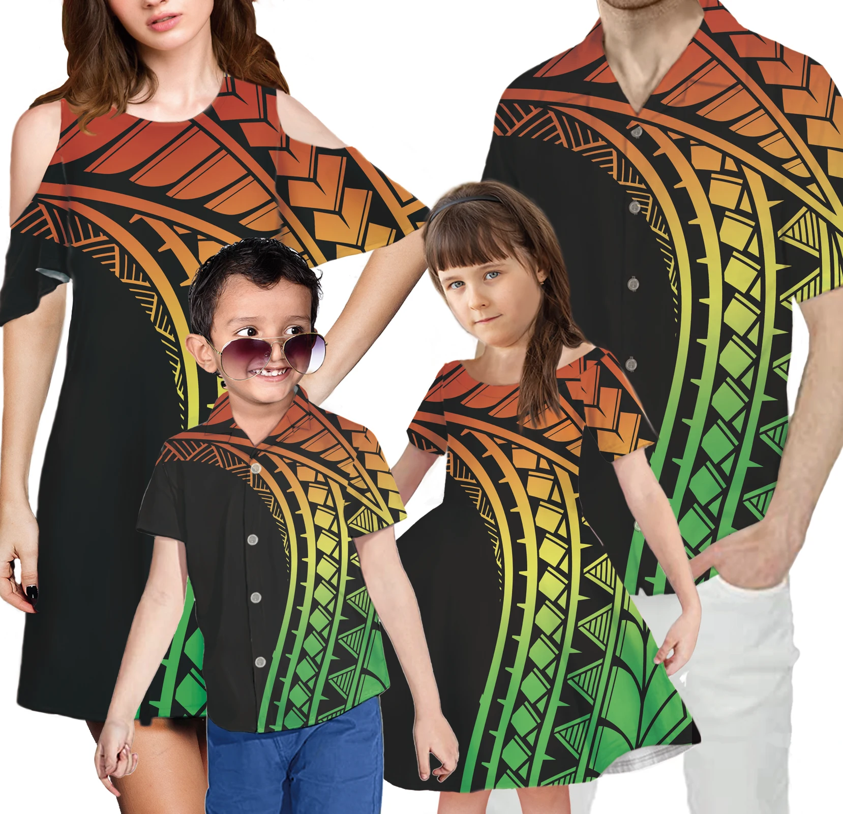 

4Pcs Set Mom/Daughter Dress with Shorts Sleeve Match Dad/Son Shirts 2021 Colorful Family Clothing Set Polynesian Printing, Customized color