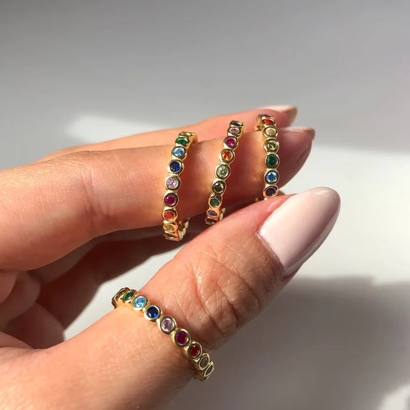 

New Fashion Multi Color Cz Bezel Set Ring Jewelry Sterling 925 Gold Silver Plated Birthstone Rainbow Band Rings For Women