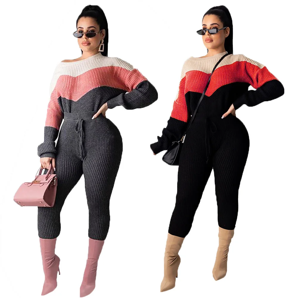 

Wholesale Two Tone Stripe Printed Sweater Two Piece Pants Set Women Round Neck Sweat Suit 2 Piece Casual Set Winter Clothes