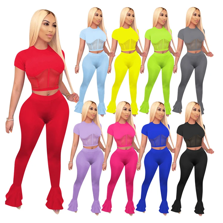 

0620M080 New Design Mesh Spliced Shaper Top Flared Pants Women Two Piece Set Clothing Summer Solid Sports Track Suit Outfits