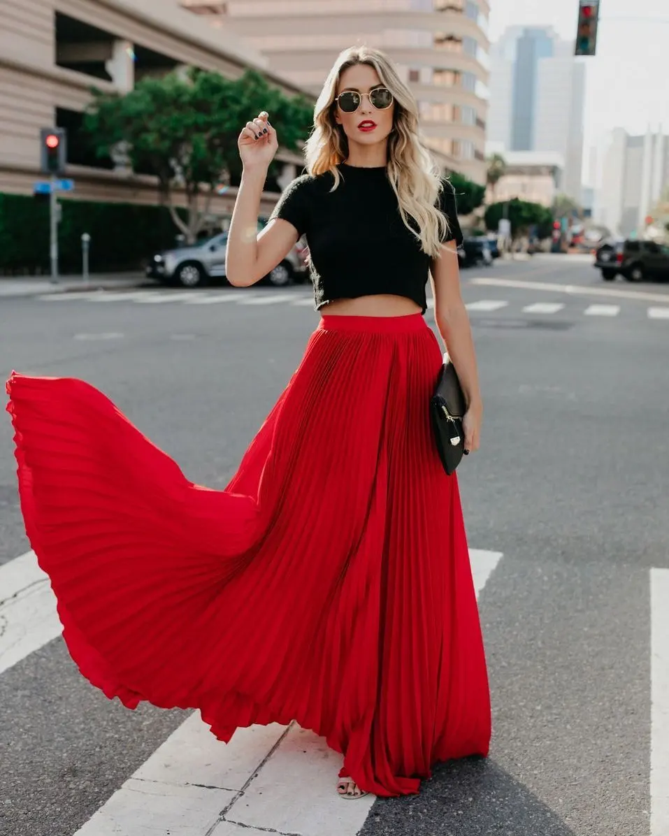 New European American Style Large Size Mid-High Waist Pleated Skirt Beautiful Skirt for Women