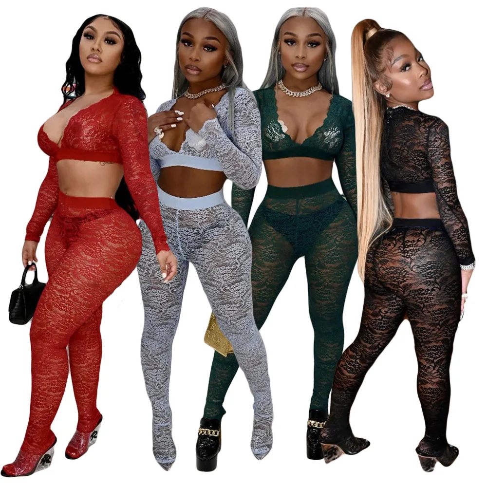 

PDEP new arrival sexy lace design women transparent long sleeve crop top sexy sweatsuit adult 2 pieces set ladies tight pants