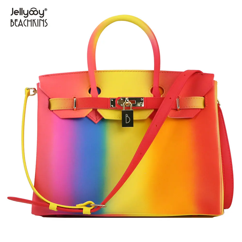 

Jellyooy BEACHKINS New PVC Matte Rainbow Jelly Beachkins Handbag Padlock Flap Cover 30CM Large Luxury Classic Biki Bag, Many colors. accept make new colors.