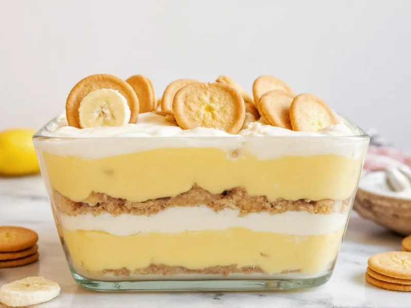 Layering banana pudding in glass dish with vanilla wafers