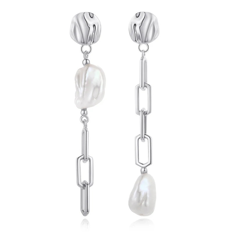 

Dropshipping S925 Jewelry Long Style Round Circles Chain Link 925 Sterling Silver Freshwater Pearl Baroque Dangle Earrings