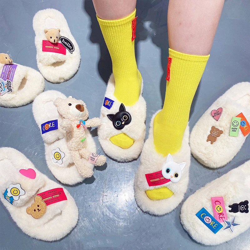 

cute fur slippers women White cartoon 3D bear cute home cotton shoes slides outside cross flip flops in autumn winter