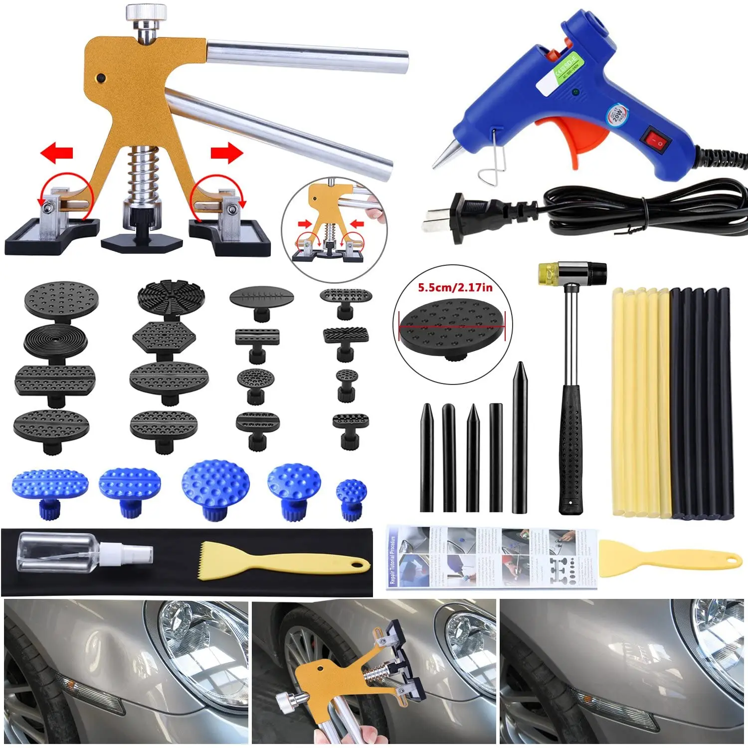 Paintless Dent Puller DIY Auto Body Dent Repair 43pcs Dent Remover Tools with Adjustable Width Dent Repair Tools for Car Golden Dent Puller Kit 