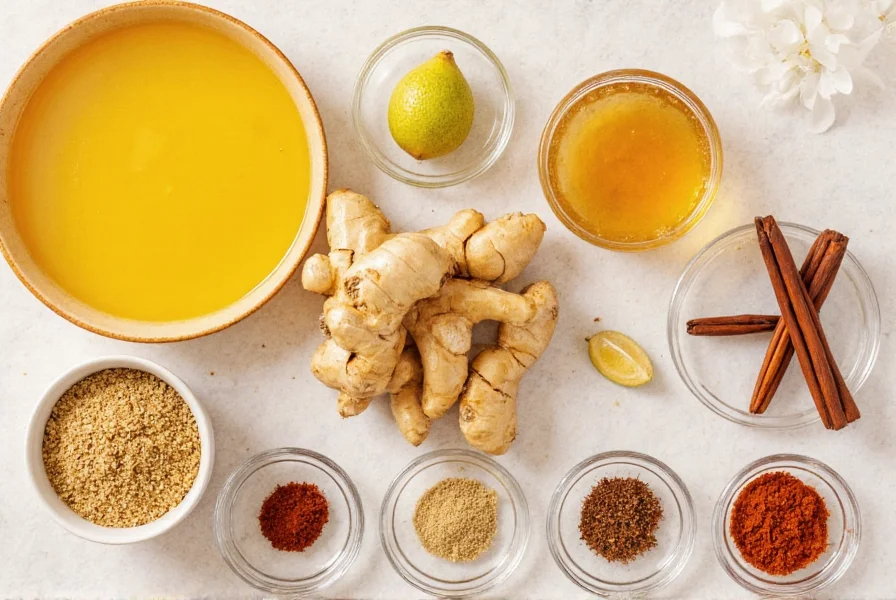 Assortment of ingredients that pair well with ginger including citrus fruits, honey, and spices