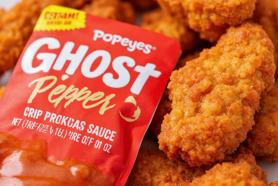 Close-up of Popeyes Ghost Pepper Sauce packet next to crispy chicken tenders showing the vibrant red color and texture