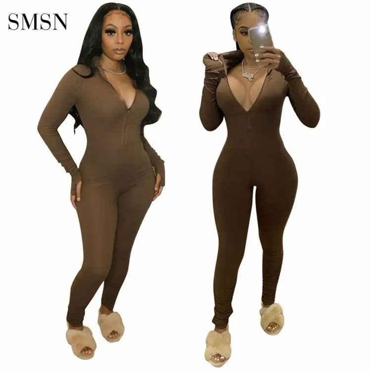 

OSINA New Style Zip Deep V-Neck Full Sleeve Bodycon Stretched Ladies Romper Jump Suit Women Autumn One Piece Jumpsuit