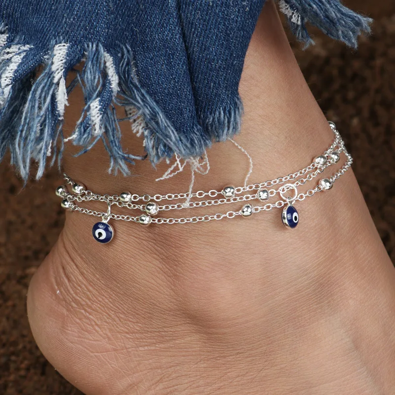 

Wholesale 2021 Fashion Demon Eye Pendant Foot Ornament Anklet Multilayer Bead Chain Anklet for Women, Gold sliver