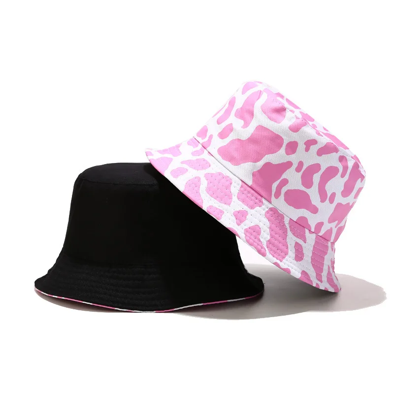 

wholesale custom logo printing 2 color plain pink and white cow bucket hat bucket hats cow print printered reversible bucket hat