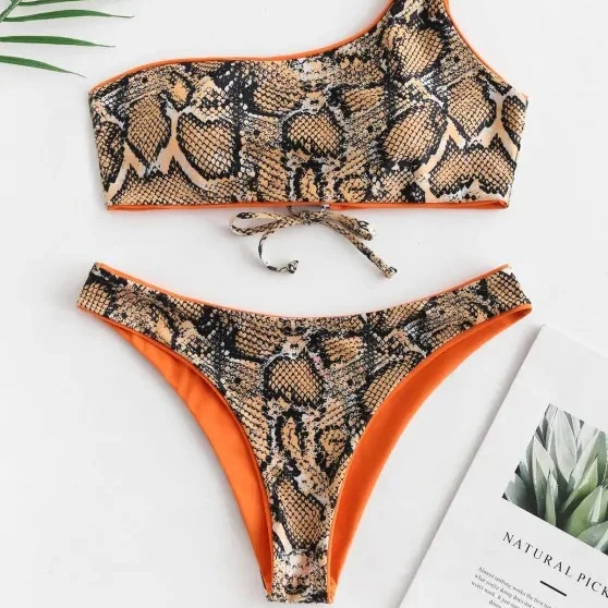 

2021 sexy Snake pattern one-shoulder swimsuit double-sided wear strap lady bikini suit, Shown
