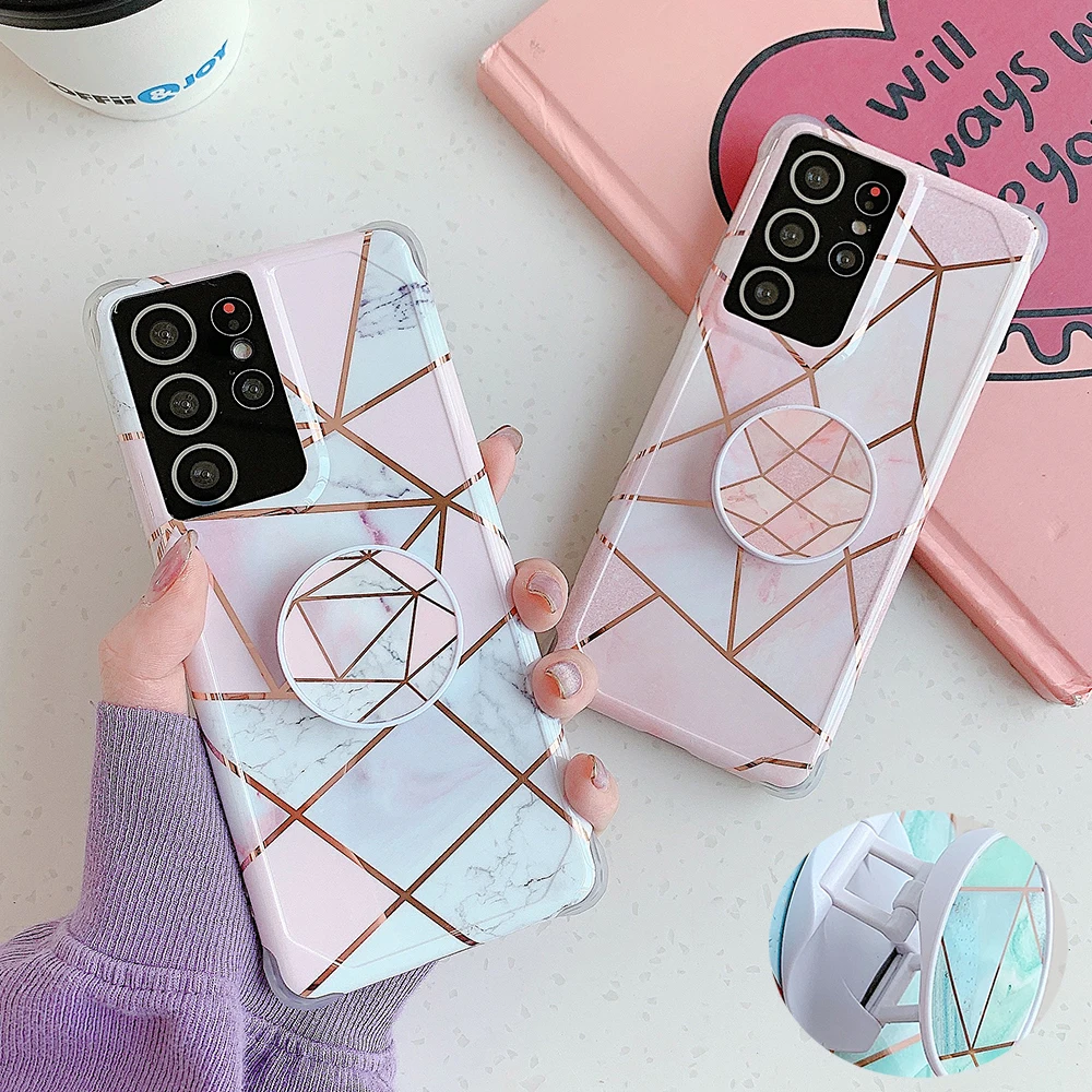 

Electroplated Marble Phone Case For Samsung S21 S20 FE A51 A50 S10 Plus Note 20 10 Flexible Folded Stand Soft Back Cover, As the picture