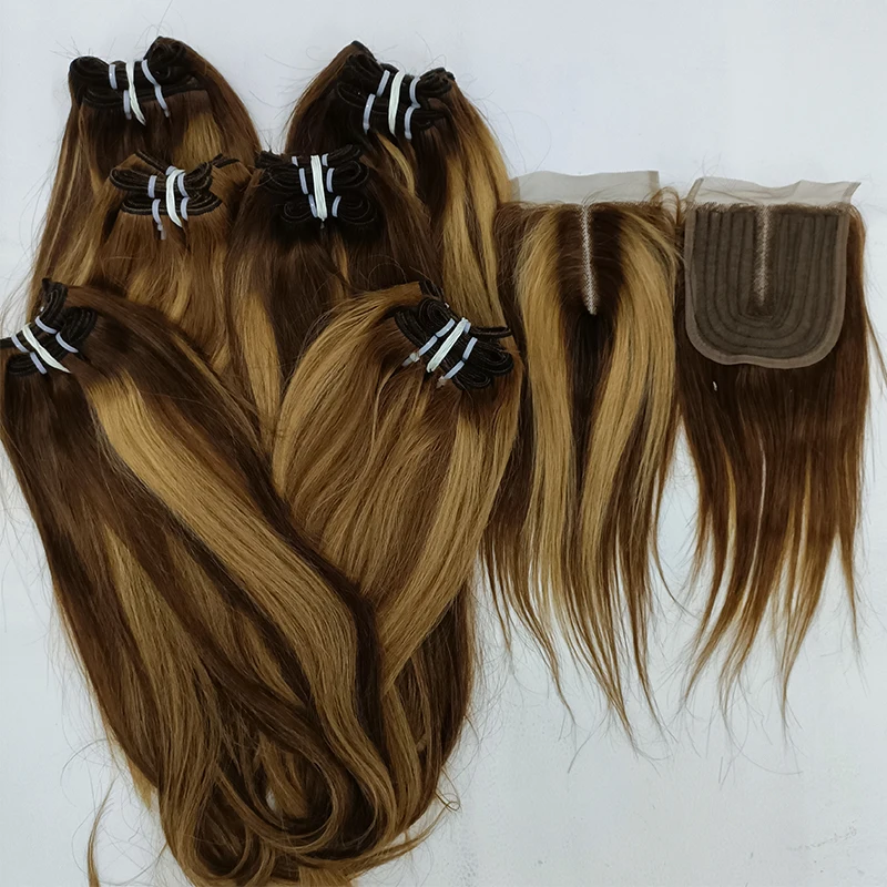 

Letsfly Brazilian Human Hair Straight P4/27 Bundles with Machine Made Closure For Extension Free Shipping