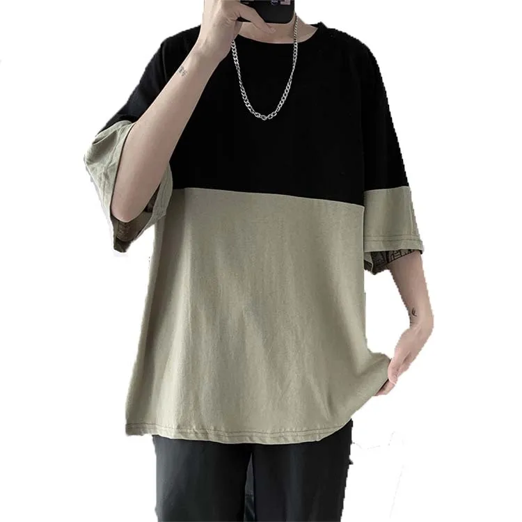 

2021 wholesale t shirt men casual custom logo contrast splice color block oversized round neck t shirt for men
