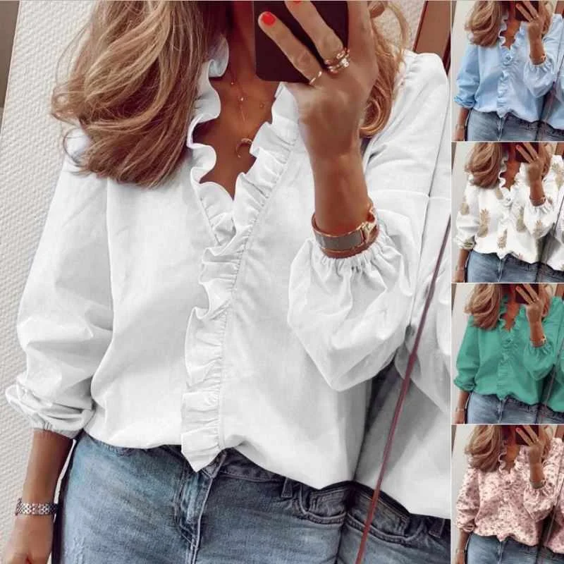 

Spring Summer Elegant Women Pullover Shirt Fashion New Ruffles Long Sleeve Tops Office Lady Vintage V Neck Blouse