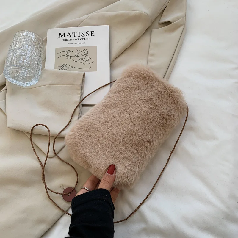 

Winter INS Warm Candy Color Soft Fur Plush Purse Lady Mini Vertical Fuzzy Lipstick Mobile Phone Crossbody Bag