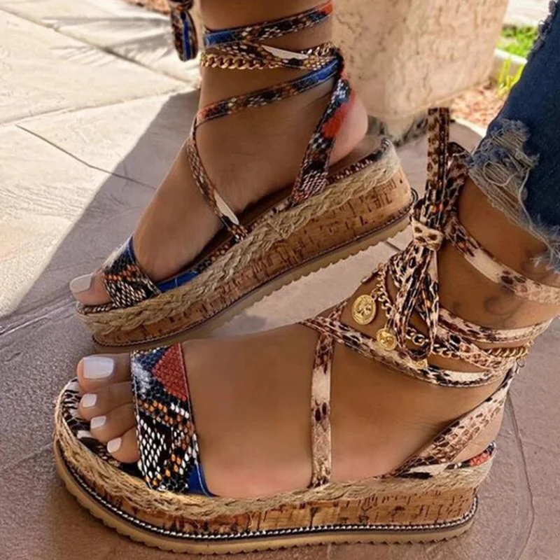 

Wholesale Popular Women's New Thick Bottom Wedges Ankle Strap Snake Pattern Sandals Large Size 40-43 Women's Shoes, Green khaki customzied