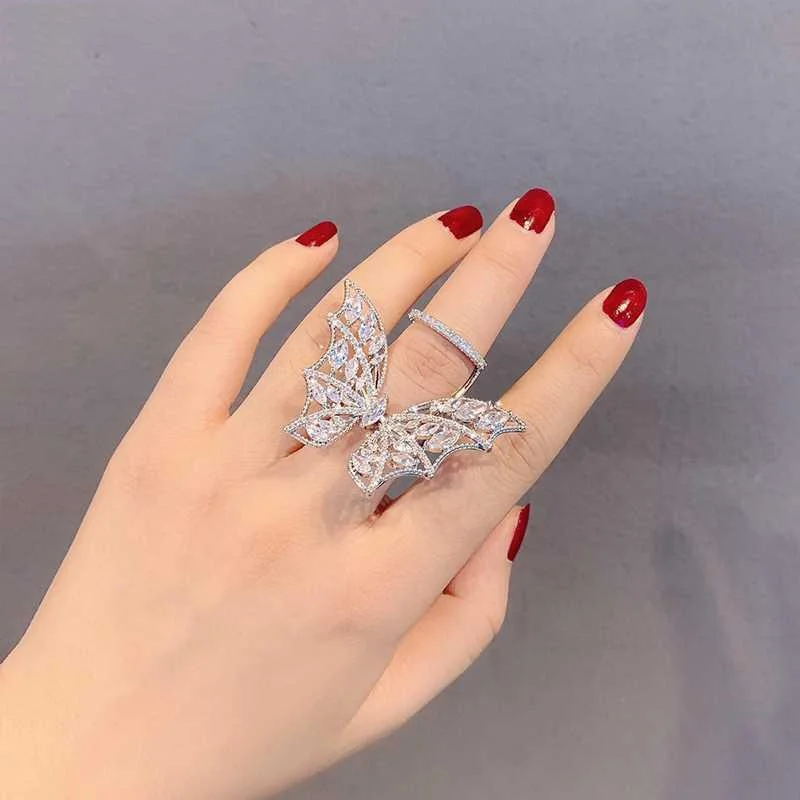 

Luxury High Grade Jewelry Charm Butterfly With Cubic Zircon Double Layer Design Fashion Rings For Women Wedding Party Gifts, Customized color