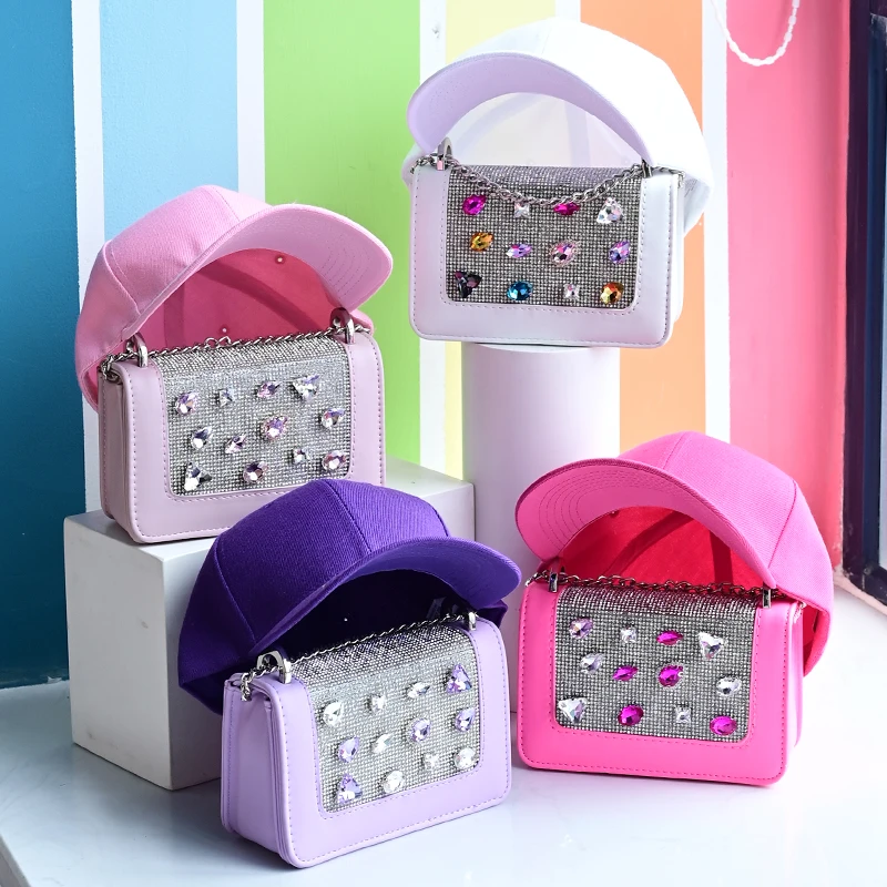 

Ladies Bling Rhinestone Handbag And Hat Matching Set Women Crossbody Diamonds Handbags With Chain, 4 colors
