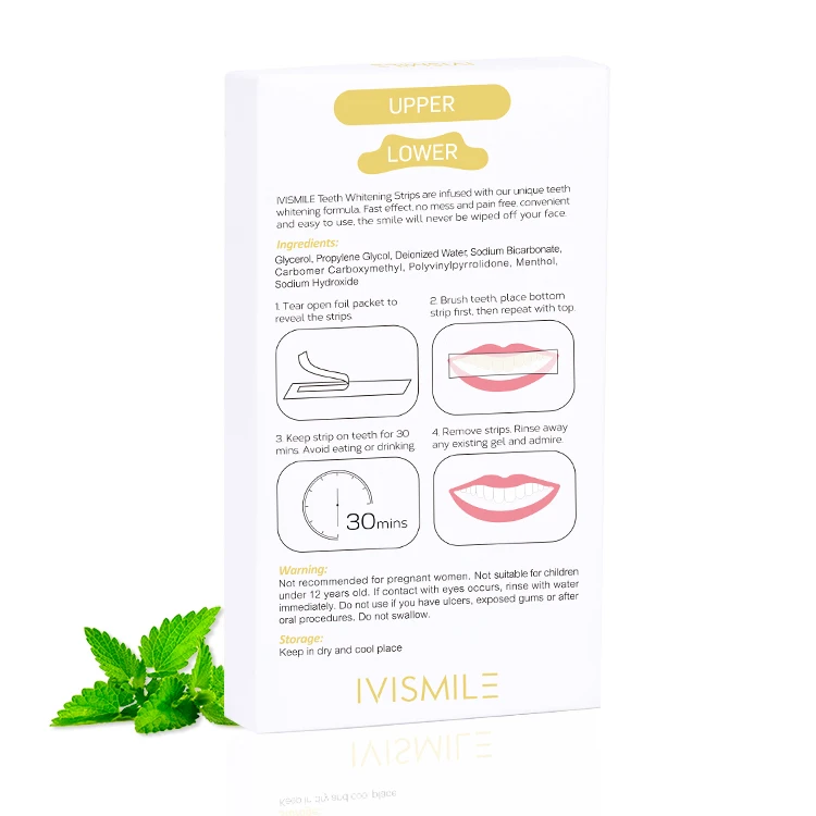IVISMILE Best Sale Wholesale Private Label Peroxide Free Teeth Whitening Strips Mint Flavor, Transparent / black
