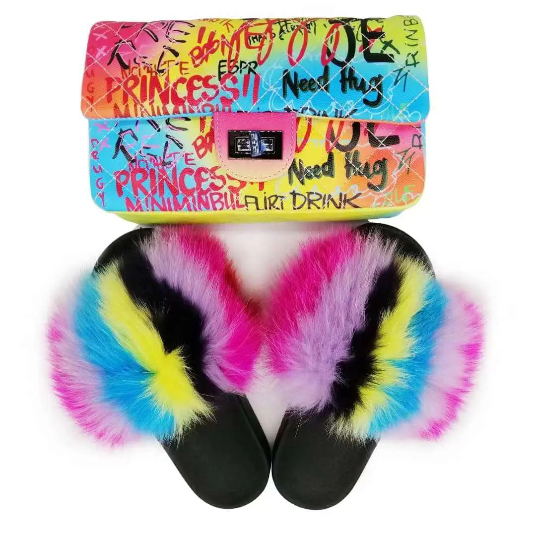

GW Colored graffiti bag personalized graffiti hand-held cross bag real fox slippers set direct factory price fur sandal