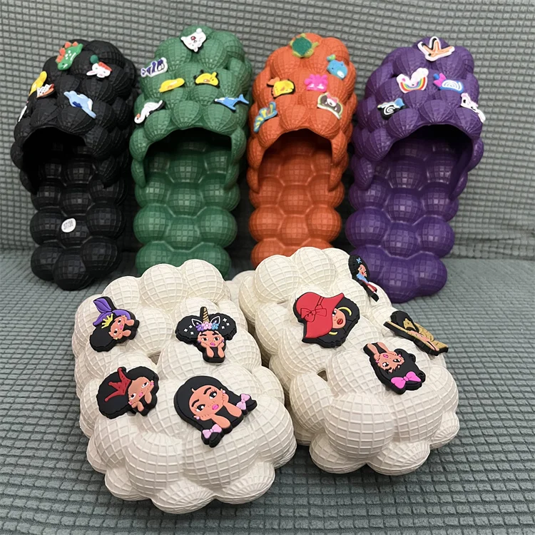 

High Quality New Brand Lady Women Flip Flops Men Slides Footwear House Massage Bubble Slippers with Charms, Green, beige, purple, black, orange
