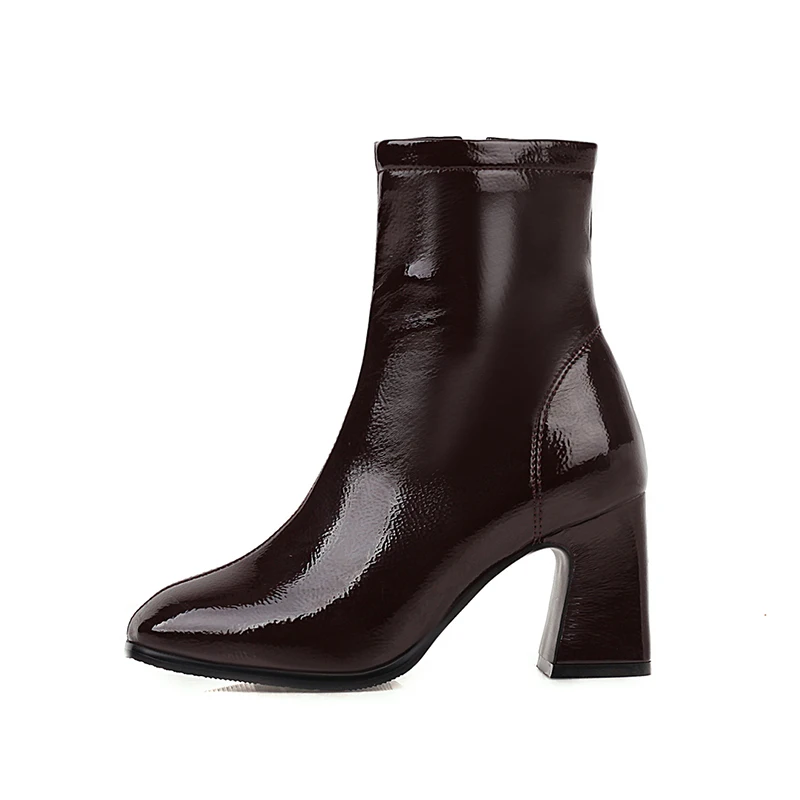 

Modern Stylish Shiny Coffee Brown Thick High Heels Ladies Ankle Boots Shoes, Black/ecru/brown/blue