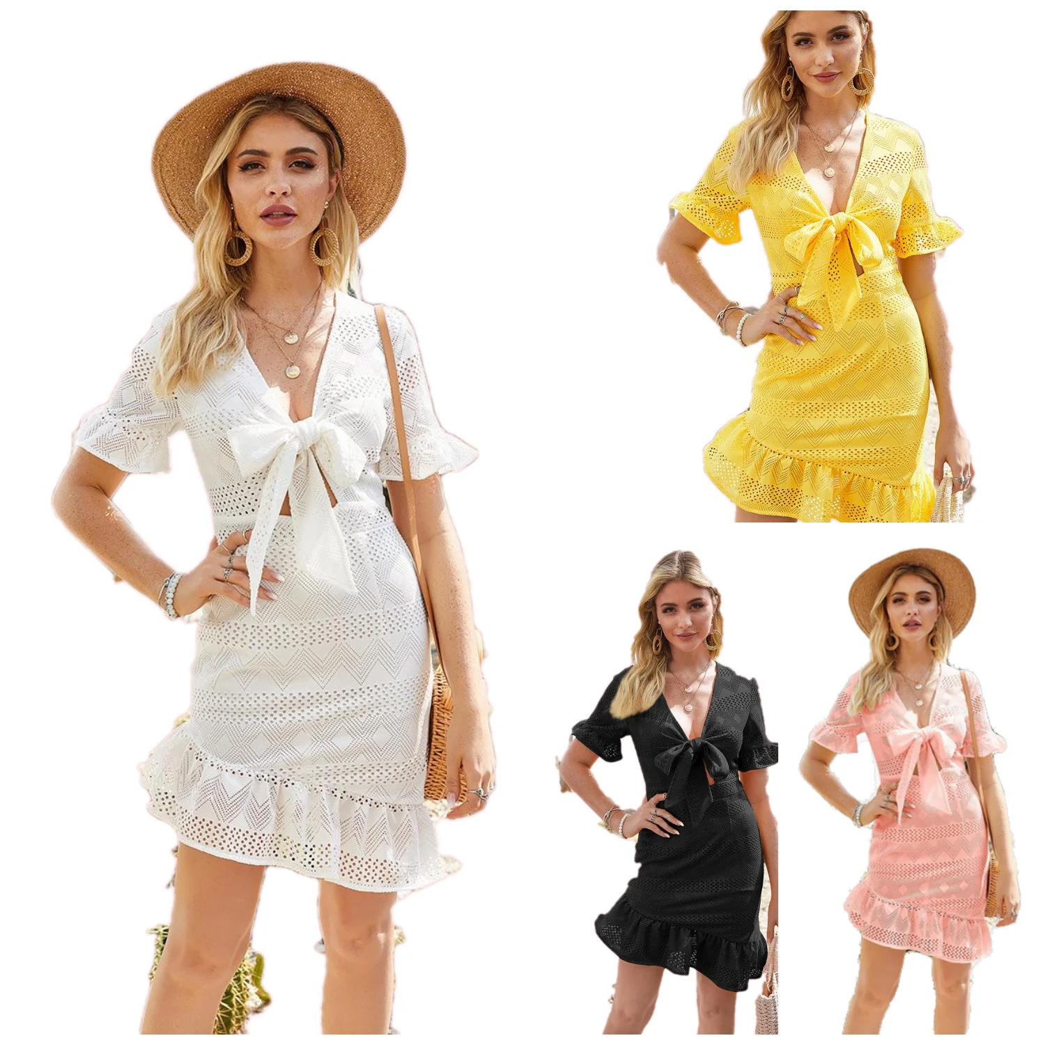 

V-neck short sleeve sexy hollow-out crochet dress