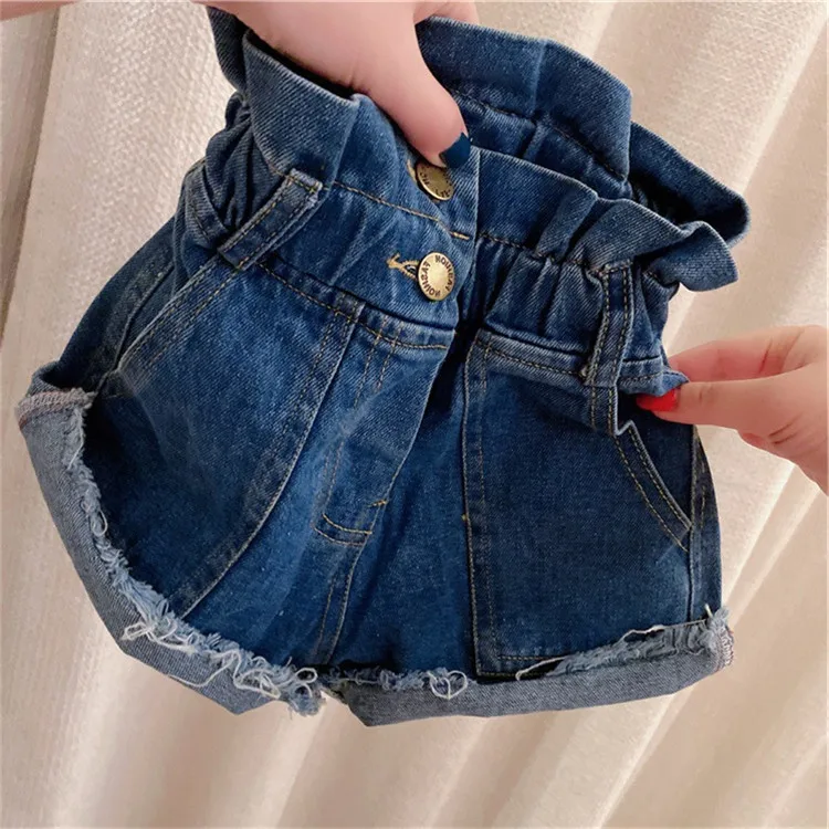 

Bulk Wholesale 3-8 Years Little Girls Clothing Boutique Children Clothes Cotton Jeans High Waist Ruffled Kids Summer Shorts, Blue