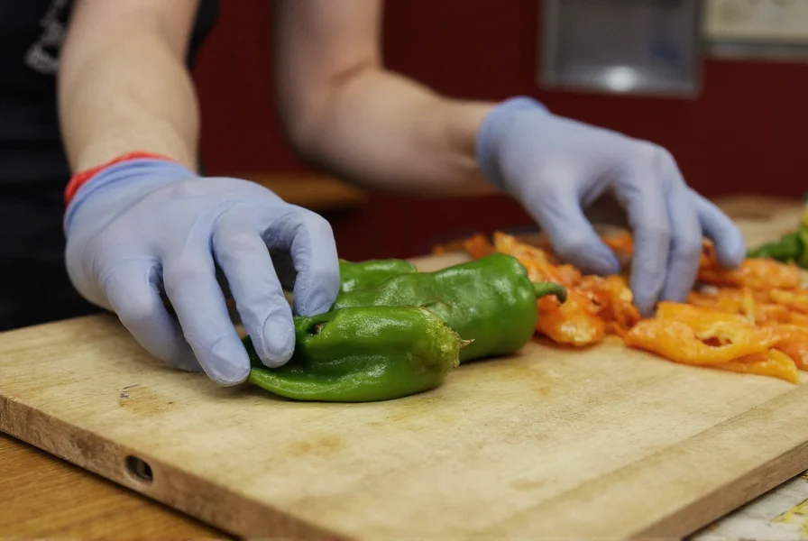 Person wearing protective gloves and safety goggles while carefully handling a Carolina Reaper pepper on a cutting board