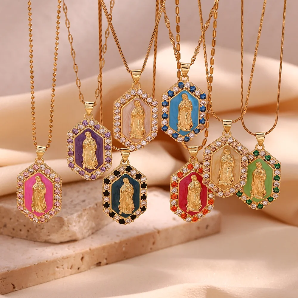 

Christmas Gift For Women Enamel Zircon Virgin Mary Pendant Necklace Gold Plated Stainless Steel Jewelry
