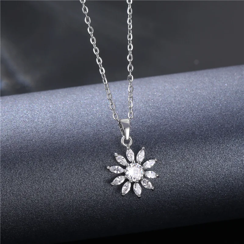 

Water Proof Stainless Steel Chain Cubic Zircon Sunflower Pendant Necklaces Bling Bling Crystal CZ Flower Clavicle Chain Necklace