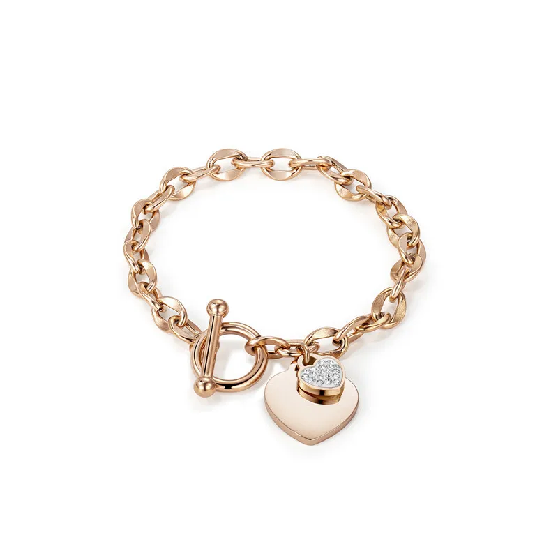 

Luxury Rose Gold Stainless Steel Heart Pendant Charm Bracelet Exquisite Rhinestone Crystal Heart Bracelet For Sweet Love