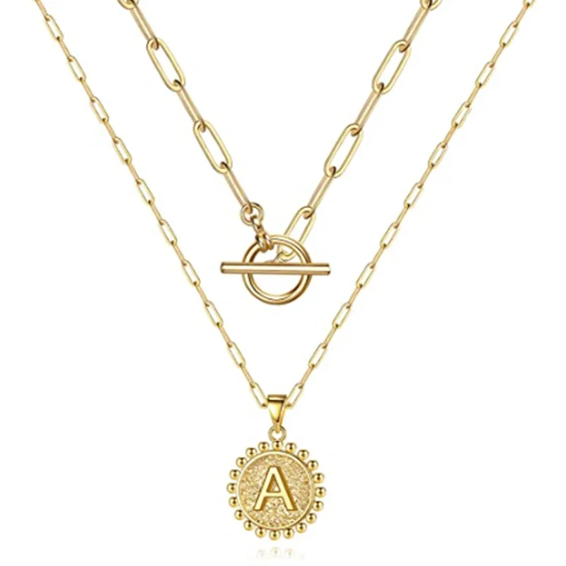 

Fashion Gold Layered Initial Hexagon Pendant Toggle Clasp Layering Gold Chain Necklaces for Women, Silver color