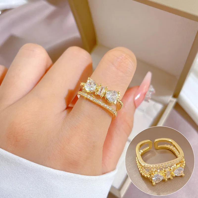 

Trendy Diamond Open Rings Gold Plated Layered Bow Adjustable Finger Ring Jewelry