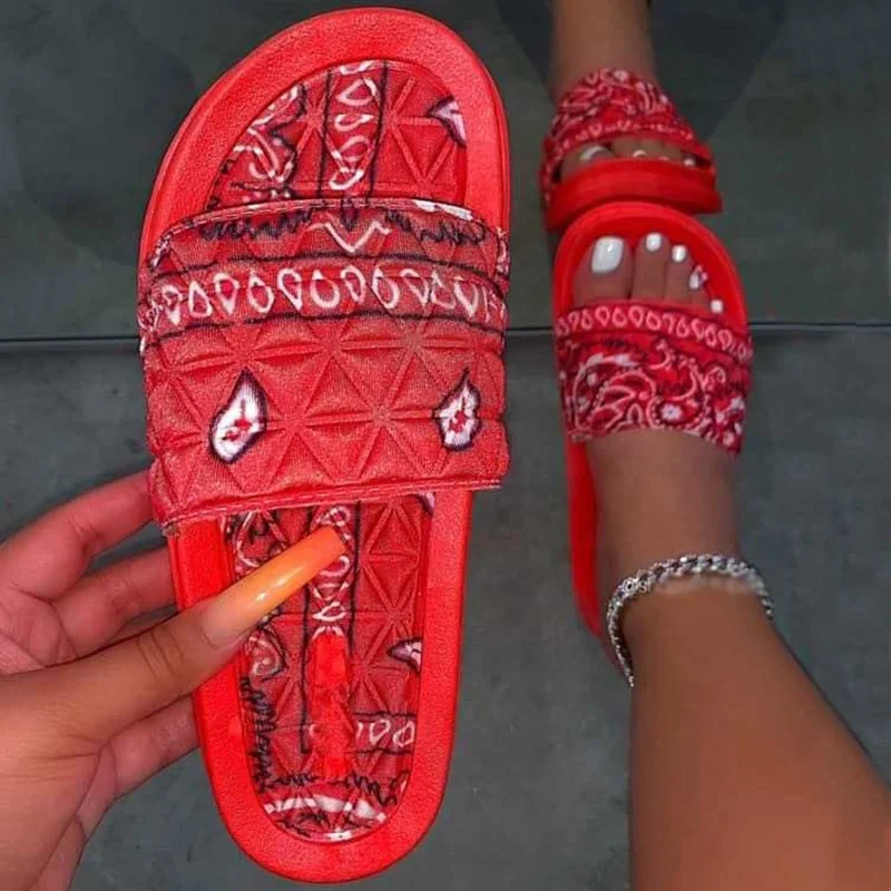 

Hot Selling Quality Printing Bandana Strappy Open Toe Slipper Wholesale Women Shoes 2020 Fashion Big Size Platform Sandal Slides, Orange/black/royal blue/light blue/white/red