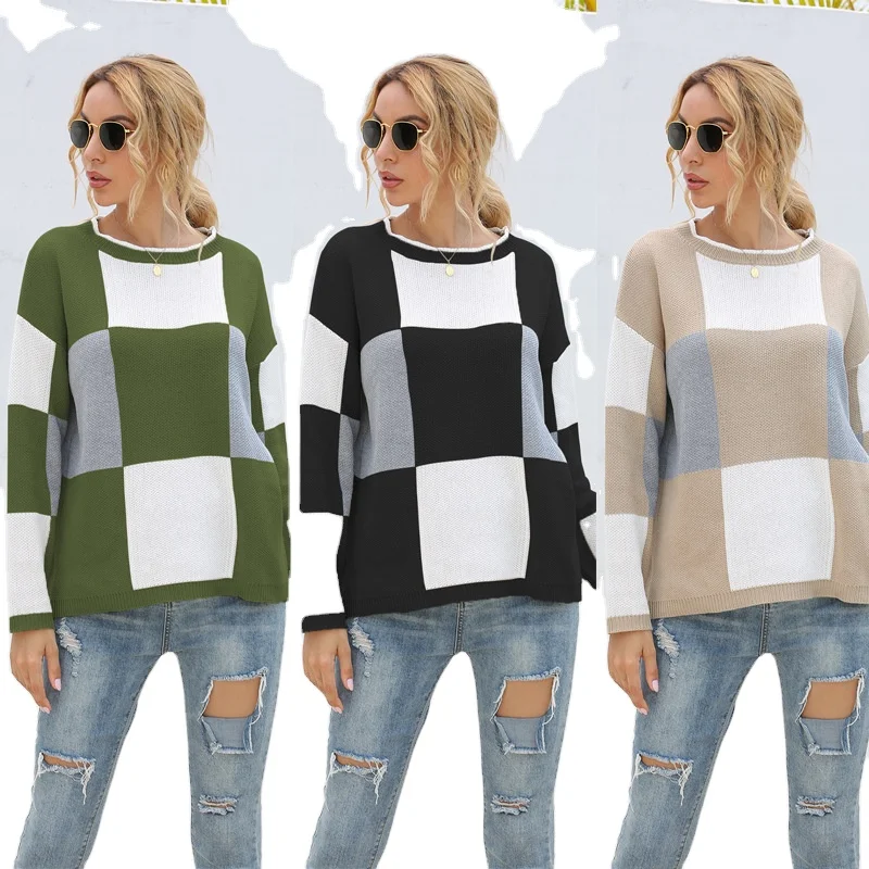 

New women's color matching checkered round neck pullover knitted sweater women winter