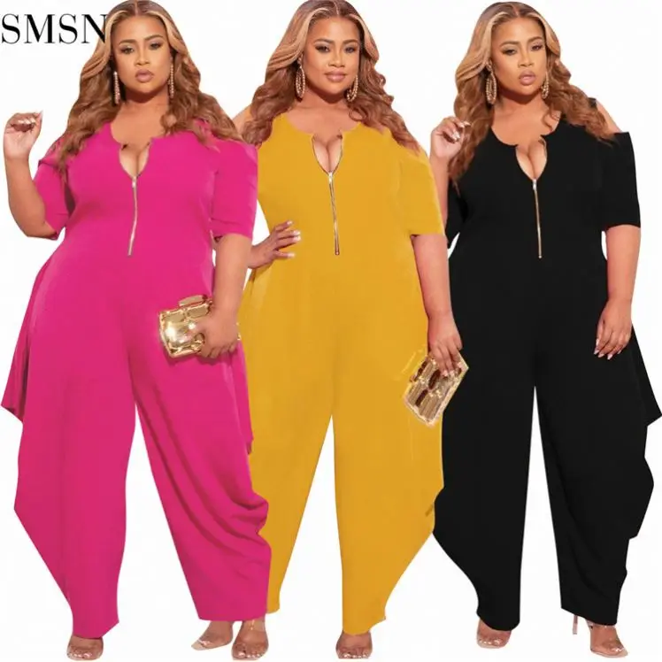 

MOEN New Arrival 2021 Zipper Shoulder Open Jumpsuits Solid Casual Harem Pants Womens Plus Size Jumpsuit And Rompers For Ladies