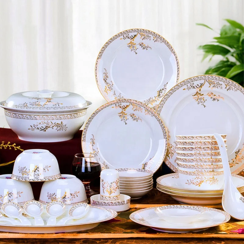 Wholesale 28/56pcs Ceramic Plate and Bowl Set Bone china Dinner Plates luxury Dinnerware Sets