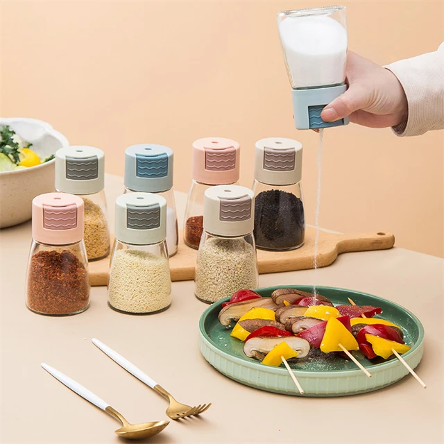 

J684 180ml Press Type Quantitative Glass Jar Measurable Seasoning Bottle Spice Condiment Jar Herb Pepper Shaker