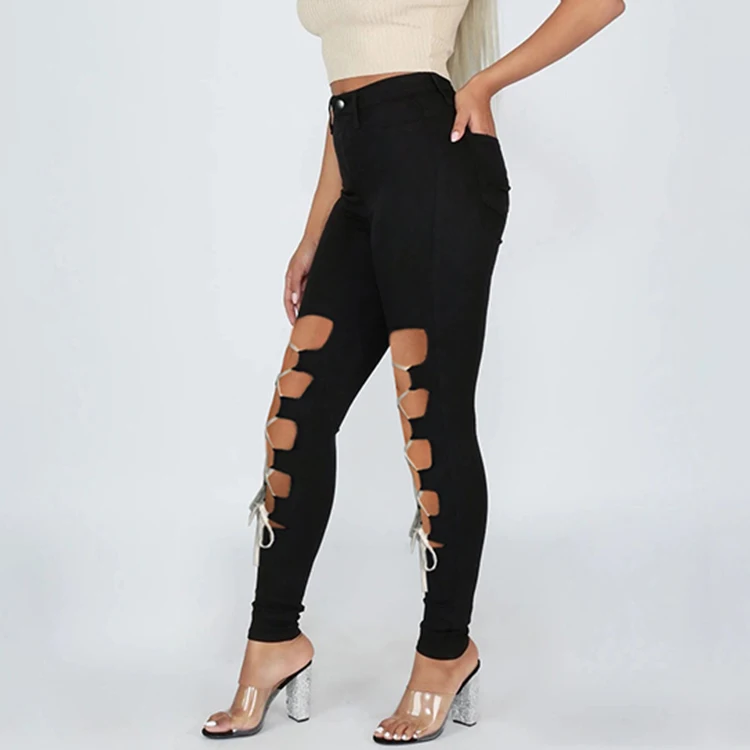 

Chic Lace-Up High Waist Women Skinny Pencil Pants Ladies Jeans Trousers Denim Long Pant -PT, Black